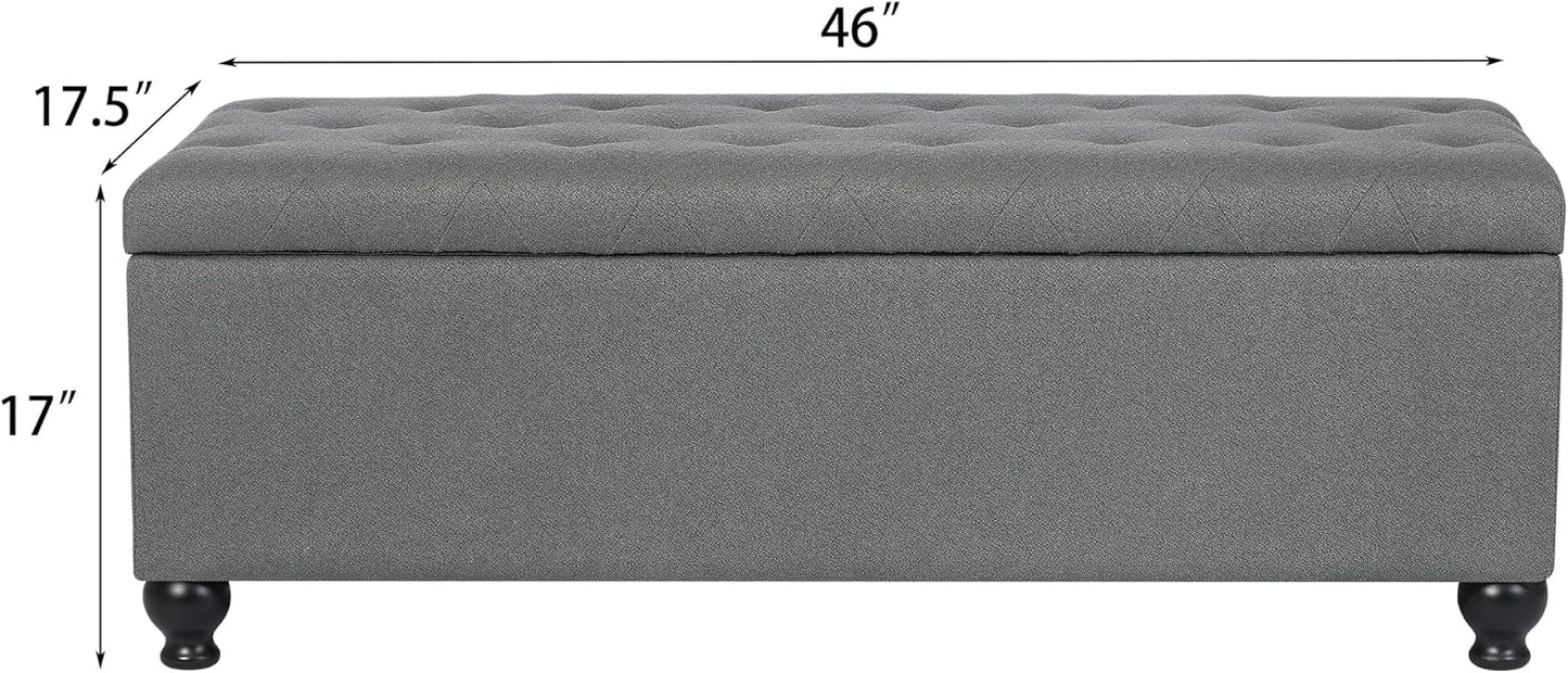 Storage Ottoman Bench 46 Inch Ottoman Bench with Storage Fabric Tufted Benches for End of Bed, Upholstered Ottomans Benches King Size with Hinged Lid for Living Room Bedroom Grey