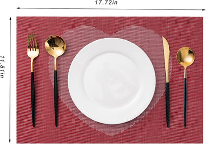 CADONO Placemats Set of 4 Washable Indoor/Outdoor Vinyl Place Mats for Dining Table Durable Non-Slip Heat Resistant PVC Weave Table Mats（Red Pink Heart）