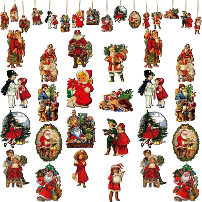 48 Pcs Vintage Wood Ornaments - Victorian Style Santa Claus, Snowman & Retro Decor for Christmas Trees