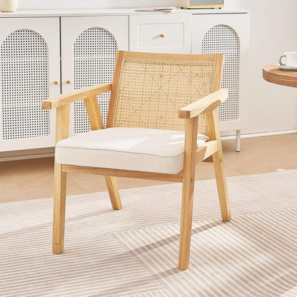 VEVOR Mid Century Modern Rattan Chair, Upholstered Velvet Accent Chair with Rattan Back, Retro Living Room Chair for Living Room, Bedroom, Reading Room, and Office, Beige