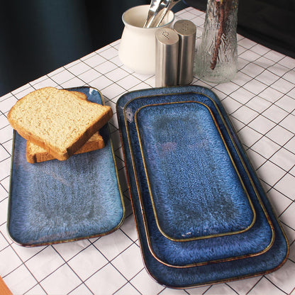 Ceramic Dinner Plates Dish Set,Set of 4, for Lunch snacks - Microwave, Oven & Dishwasher Safe,Scratch Resistant, Dinnerware Kitchen Porcelain Serving Dishes,Blue 12.4 Inch Rectangle plate