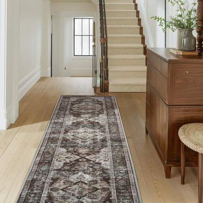 AMOAMI-2X6 Runner Rug-Washable Runners for Hallways-Soft Non Slip Bedside Rugs for Bedroom-Vintage Long Rug for Hallways Entryway Laundry Room Stair Kitchen Bathroom Brick/Brown