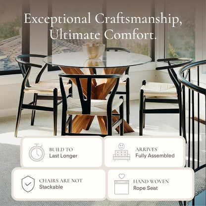 POLY & BARK Weave Dining Chairs – Mid-Century Modern Wishbone Dining Chairs with Arms, Solid Wood Frame, Indoor Use – Black – Set of 2 - Ideal for Dining Room, Kitchen or Stylish Accent Setting