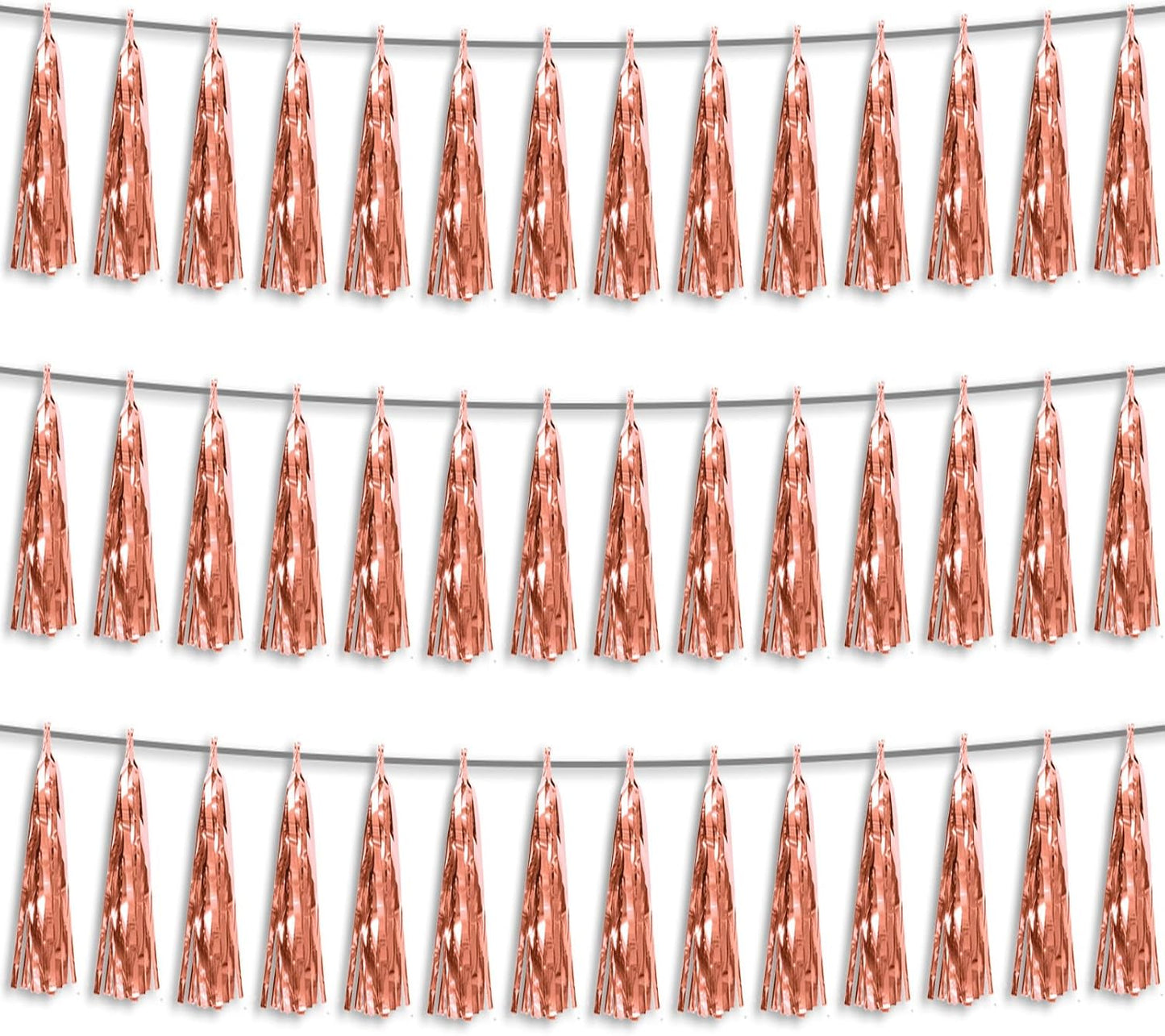 3P Rose Gold Foil Fringe Metallic Tassel Streamers Banner Tassel Garland for Parade Floats, Bachelorette, Wedding, Birthday, Halloween, Christmas, Bridal/Baby Shower Party Decorations