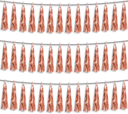 3P Rose Gold Foil Fringe Metallic Tassel Streamers Banner Tassel Garland for Parade Floats, Bachelorette, Wedding, Birthday, Halloween, Christmas, Bridal/Baby Shower Party Decorations