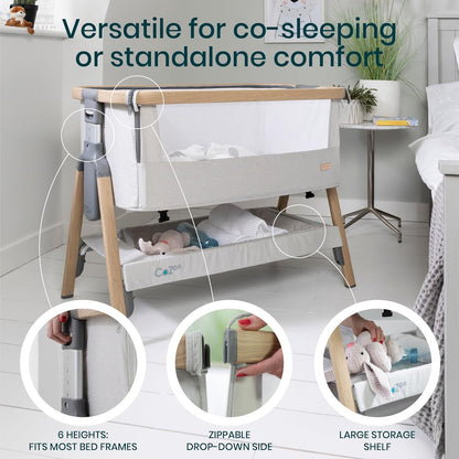 CoZee® 2-in-1 Baby Bassinet & Bedside Sleeper - Fast-Folding Bedside Bassinet, Baby Crib with 6 Mattress Heights & Breathable Mesh Window, Mattress Included, 0-6 Months (Silver & Oak)
