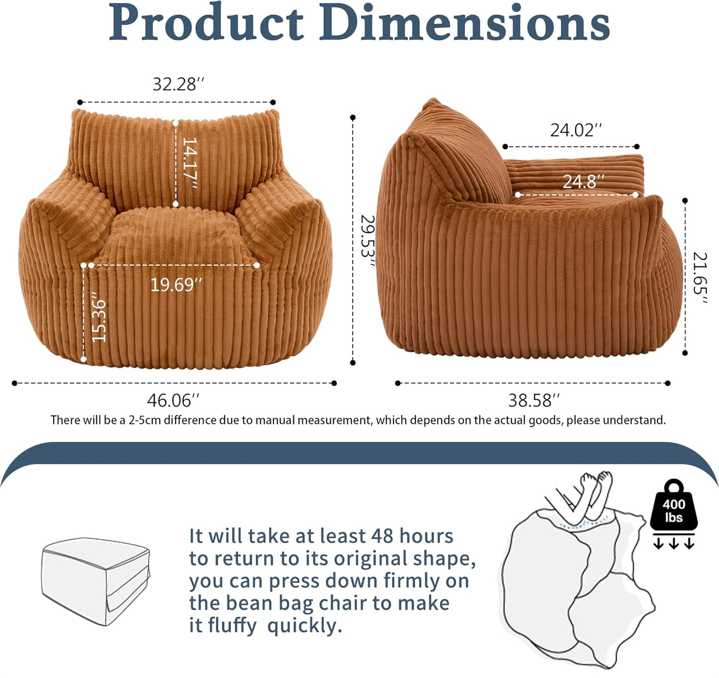 Giant Plush Bean Bag Chair for Adults with Armrests - Oversized Comfy Orange Beanbag Lounge Lazy Floor Sofa Accent Chair for Living Room, Bedroom & Dorm, Cozy Fluffy Single Cloud Mini Couch