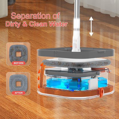 Mop and Bucket Set, Spin Mop with Self Seperates Dirty Water System, Square Mops for Floor Cleaning, 360 Rotating Foldable Standing Mop Head, Versatile Mops for Walls (Mop Bucket with 6 Pads)