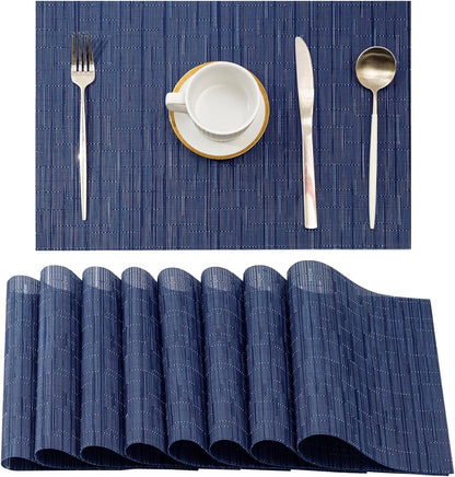 Leetaltree Blue Placemats Set of 8 - Heat Resistant Non-Slip Place mats for Dining Table, Washable Durable PVC Vinyl Woven Table Mats（Blue, 8）