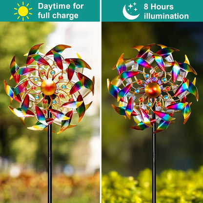 Solar Wind Spinners for Yard and Garden - 360° Metal Large Wind Sculptures Outdoor Clearance Kinetic Windmills with 4 Layer Jeweled Blades for Patio, Lawn Garden Decoration - 54Inch