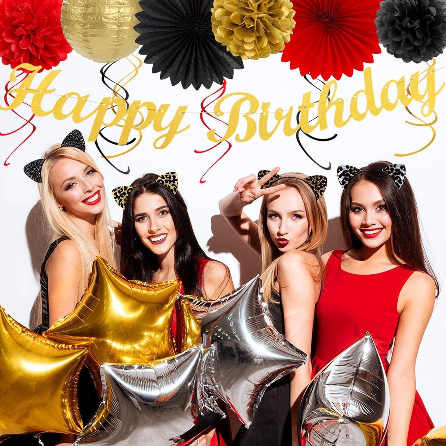 Red-Black Gold Casino-Theme Birthday Party-Decorations - 21pcs Happy Banner,Game Night Paper Lanterns,Tissue Pom Poms Flower Fan,Honeycomb Ball,Swirl Streamers Garland Supplies Women Men Decor Huglony