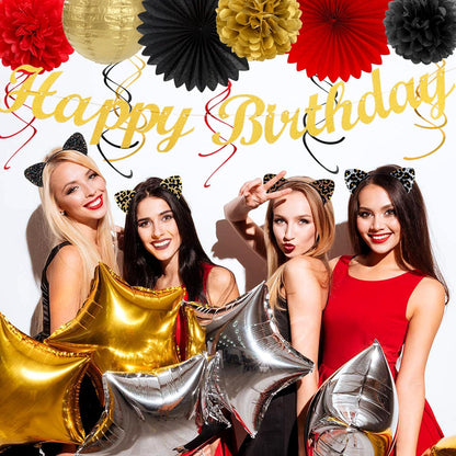 Red-Black Gold Casino-Theme Birthday Party-Decorations - 21pcs Happy Banner,Game Night Paper Lanterns,Tissue Pom Poms Flower Fan,Honeycomb Ball,Swirl Streamers Garland Supplies Women Men Decor Huglony