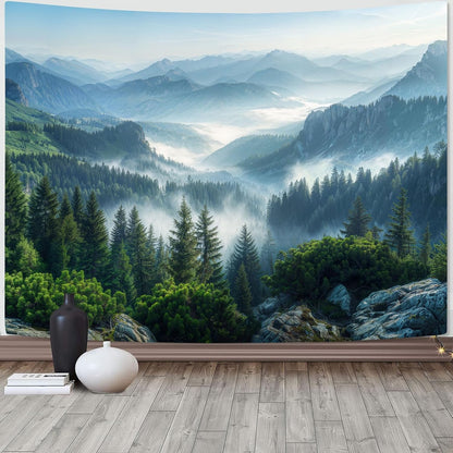 AMM Nature Forest Mountain Tapestry Green Misty Pine Tree Tapestry for Bedroom Aesthetic Foggy Woodlands Sky Landscape Tapestries Wall Hanging for Living Room Dorm 48 x 36 Inch