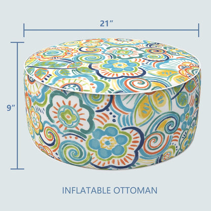 LVTXIII Outdoor/Indoor Inflatable Stool Ottoman, All Weather Patio Footrest Pouf, Portable Round Ottoman for Patio Garden, Camping or Home, D21xH9 Inches, Flower Blue