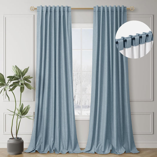BOODII Room Darkening Curtains 96 Inches Long for Living Room Back Tab Blue Blackout Curtains Neutral Aesthetic Linen Textured Thermal Insulated Black Out Curtain Light Blocking Drapes Nursery 52x96