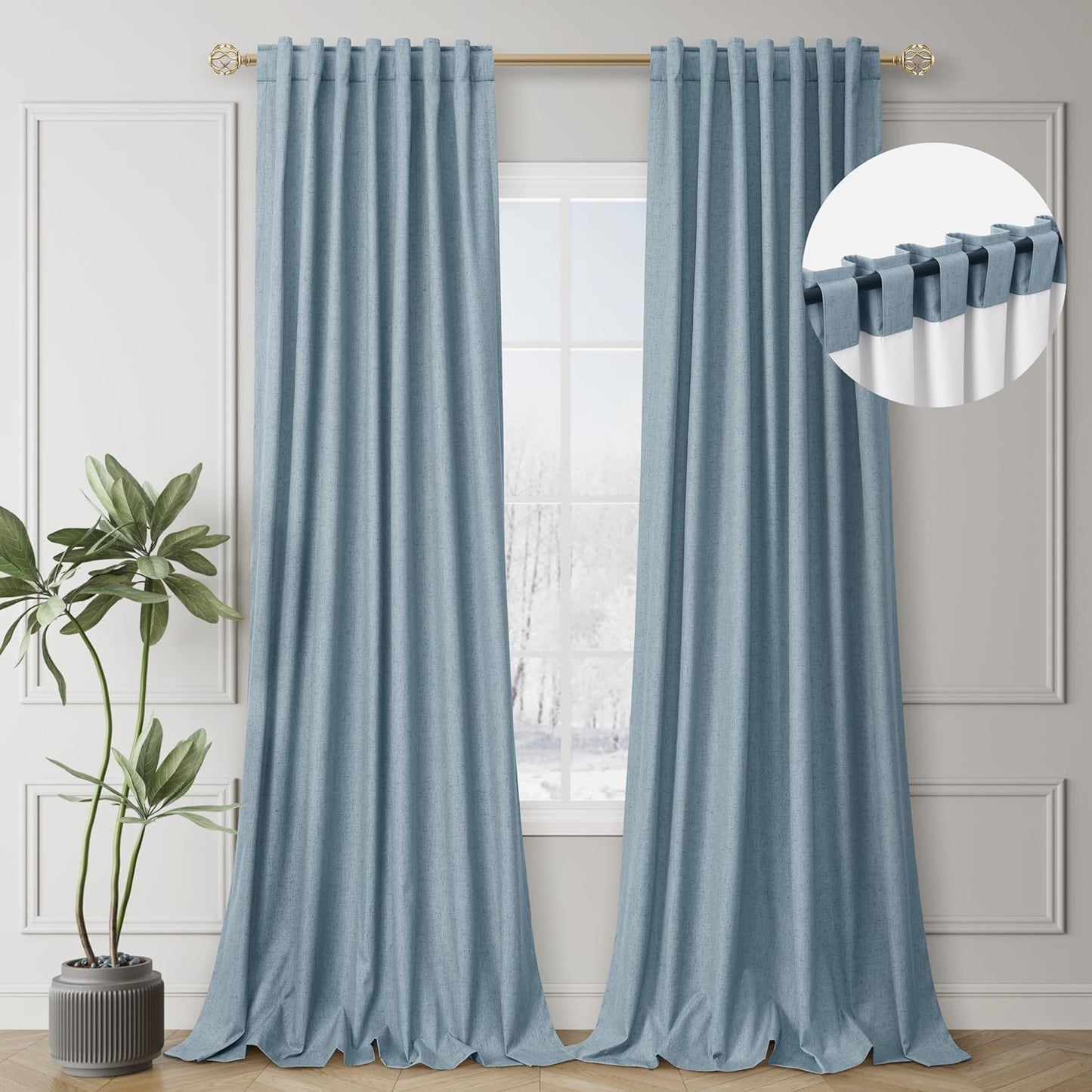 Blue Linen Blackout Curtains Thermal Insulated 120 Inch 100% Complete Black Out Window Curtains Back Tab Linen Textured Neutral Farmhouse Living Room Darkening Drapes High Ceiling Length 52x120