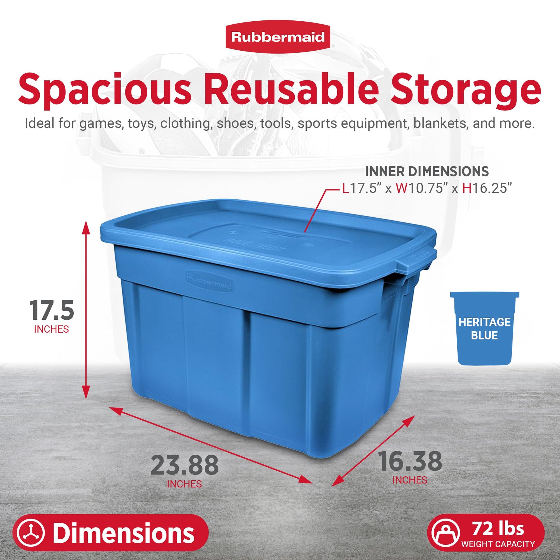 Rubbermaid Roughneck Tote 18 Gal, 6 Pack, Made in USA, Heritage Blue, Rugged Plastic Stackable