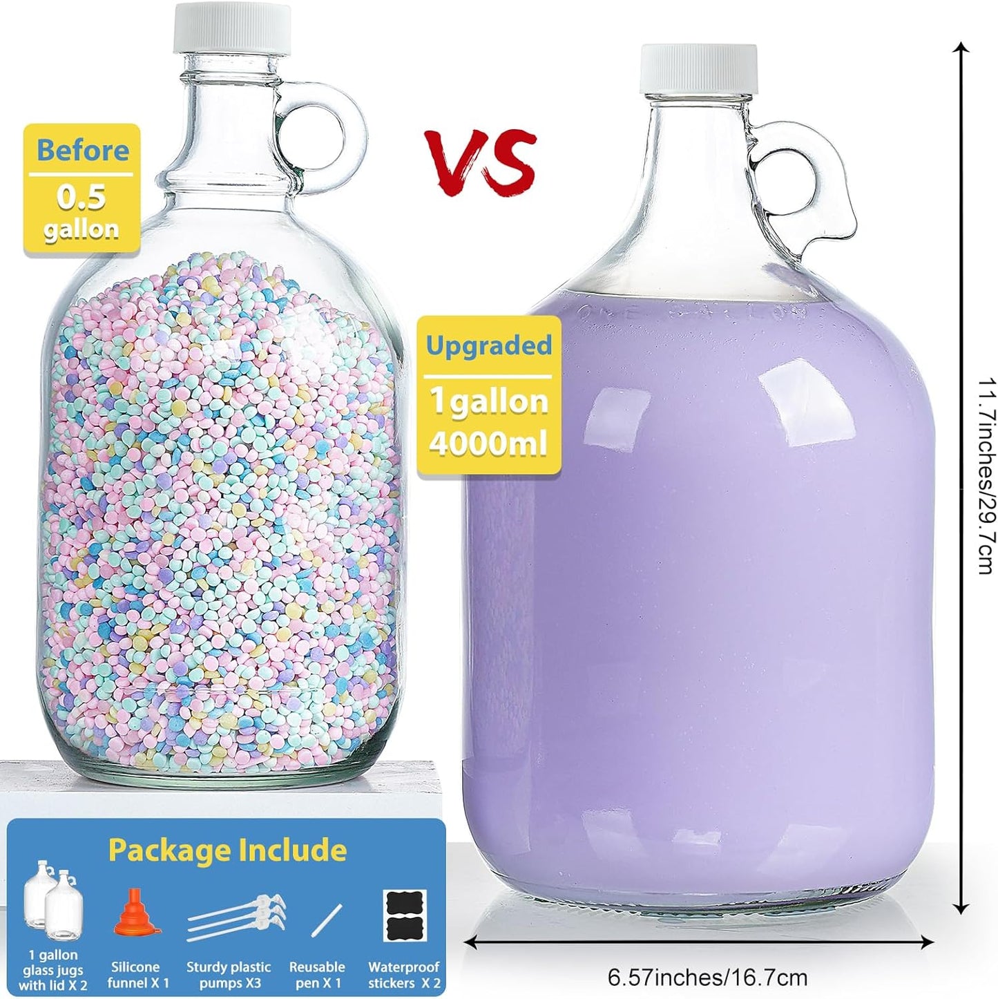 2 Pack Gallon Glass Pump Bottle Dispensers with 3 Pumps and 2 Airtight Lids, Laundry Soap Dispensers with 1 Funnel, Liquid Laundry Detergent Dispensers for Fabric Softener, Shampoo, Body Wash