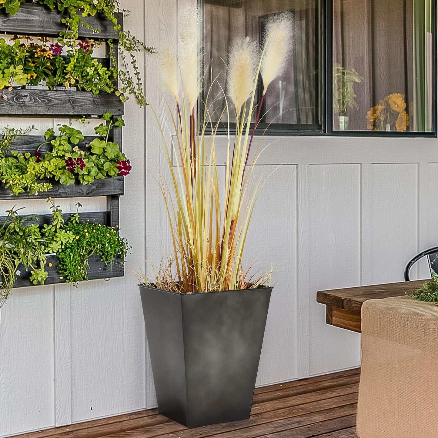 KOL 18''H. Bright Glazed Planter with Drainage Hole, Set of 2, Galvanized Steel Planter Pots for Indoor & Outdoor Use, Decorative Flower Plant Pots for Front Porch, Patio, Deck - Black