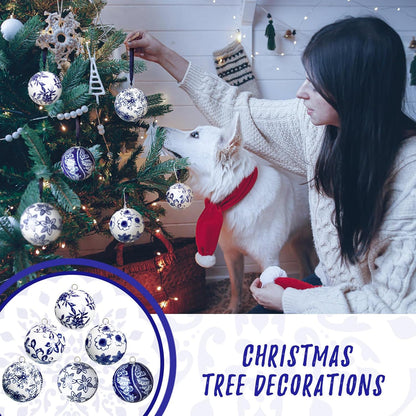 Cindeer 6 Pcs Blue and White Christmas Porcelain Balls 2.4 Inch Porcelain Chinoiserie Ornament Bulk Christmas Ceramic Hanging Decorative for Tree Home Xmas Party (Stylish Style)