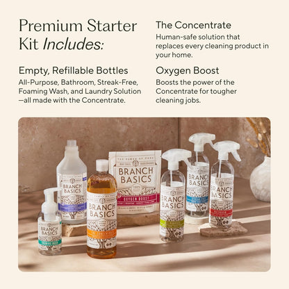 Branch Basics Premium Starter Kit: All Purpose, Glass, and Bathroom Cleaner plus our Foaming Wash, and Laundry Bottle (3 Plastic Spray Bottles + Concentrate) Fragrance-Free