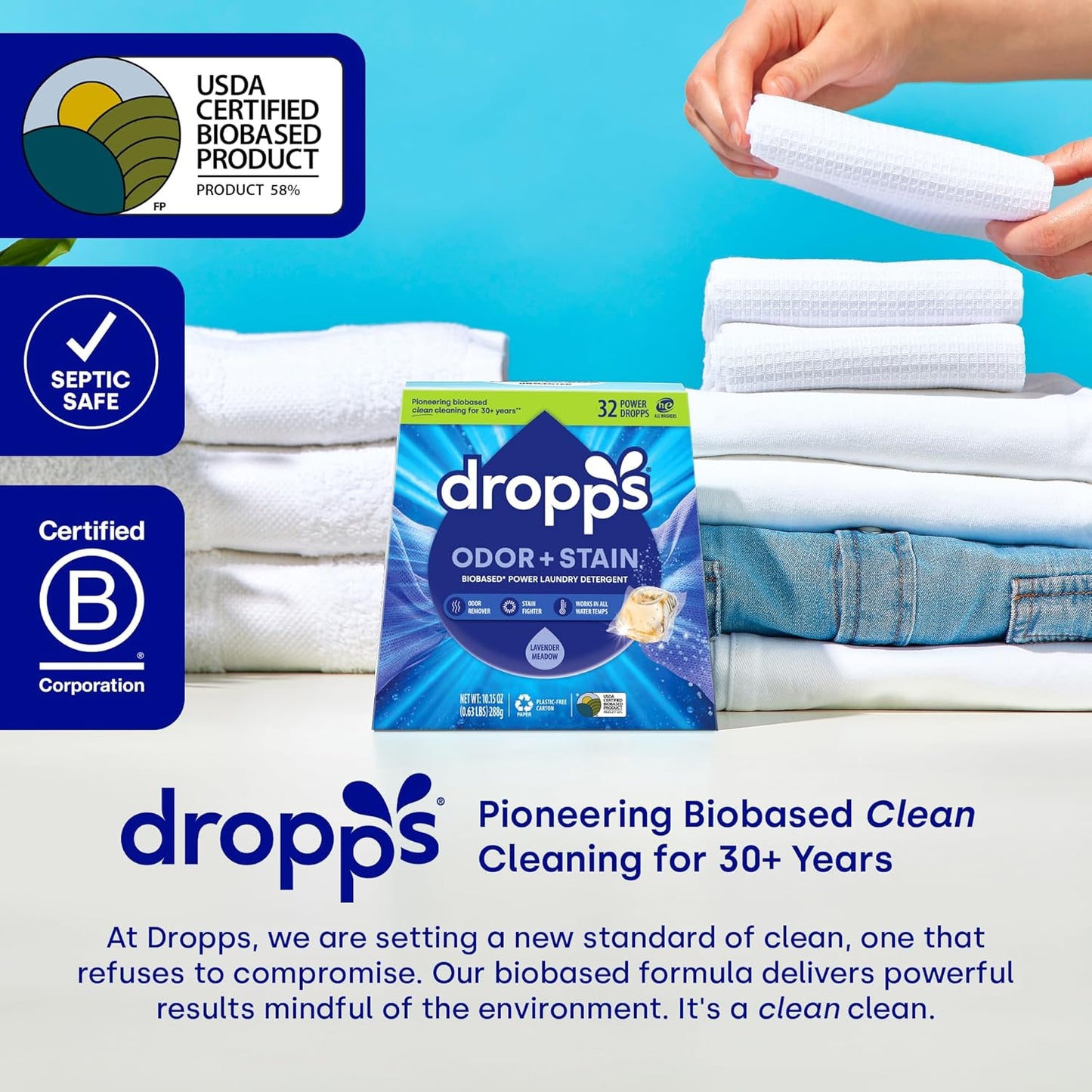 Dropps Odor & Stain Biobased Power Laundry Detergent Pods, Lavender Meadow(140 Count) - HE Compatible Laundry Pods for Fresh Clothes - Washing Detergent Soap Supplies & Recyclable Packaging