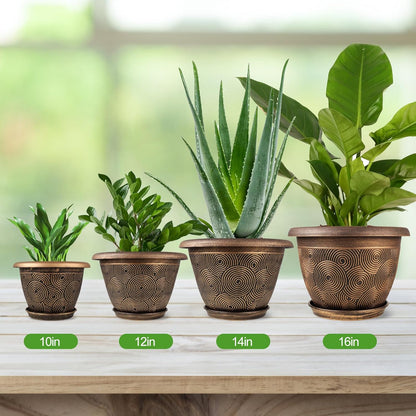 12 Inch Large Planter Pot for Plants Indoor Outdoor, 4 Pack Plastic Flower Pots with Drainage Hole & Tray, Modern Decorative Garden Pot with Saucer, Plant Container for House