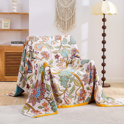 Boho Throw Blanket for Bed, 100% Cotton Soft Rustic Quilt Fall Blanket, 80"x90" Floral Printed Farmhouse Decor Bed Blankets, All Season Rustic Reversible Bohemian Throw Quilt