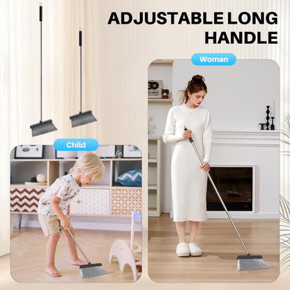 JOYMOOP Black Broom and Dustpan Set, Upright Angle Design with Built-in Comb Teeth for Home, Office, Hardwood Floors, Pet Hair