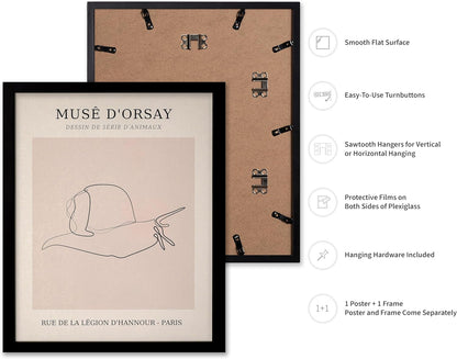 Poster Master Vintage Poster - Retro One Line Snail Drawing Print - Snail Line Art - Minimal Gift for Men, Women, Animal Lover - Abstract Wall Decor for Home, Office, 11x14 Black Framed