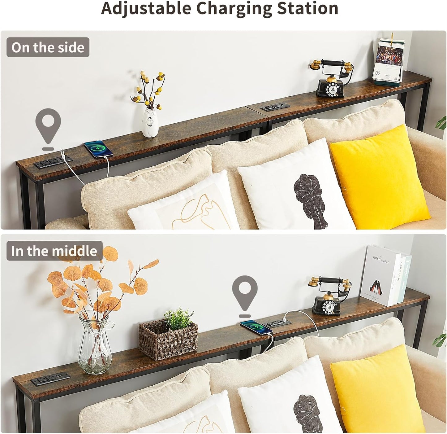 ELYKEN 2 Pack 5.9" Narrow Console Sofa Table with Power Outlets, 5.9" D x 39.4" W x 31.1" H Long Couch Table with Metal Frame and Charge Station with 6.5’ Extension Cord, Rustic Brown