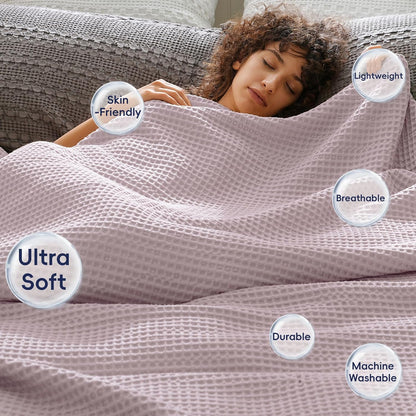 PHF Ultra Soft Waffle Weave Blanket Twin Size 66"x 90"- Washed Lightweight Breathable Cozy Woven Blanket for Bed - Aesthetic Decor for Couch Bedding Sofa Home Car - Dusty Rose