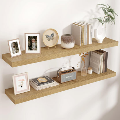 Floating Shelves - 2 Large Wall Mounted Shelves with Invisible Brackets, Long Wood Floating Wall Shelf for Living Room, Bedroom, Kitchen (Oak, 48" W x 9" D x 1.5" H)