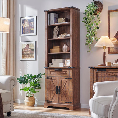 OKD 72'' Tall Bookshelf with Storage, Farmhouse 4 Tier Bookcase w/Barn Door, Adjustable Shelves and Drawers, Rustic Wooden Office Bookshelves for Home, Living Room, Library (Reclaimed Barnwood Color)