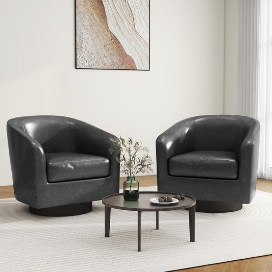 Swivel Barrel Accent Chair, Modern Round Faux Leather Arm Chair for Living Room, Bedroom, Comfy