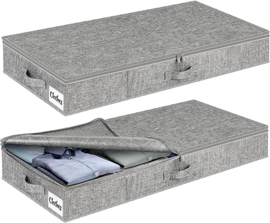Under Bed Storage Container Bins 2 Pack, 5 Inch Thin Low Profile Underbed Clothes Storage Organizer for Dorm & Home, Use for Blanket and Toy Storage Box W/ Sturdy Bottom/Sides, Foldable Thick Fabric