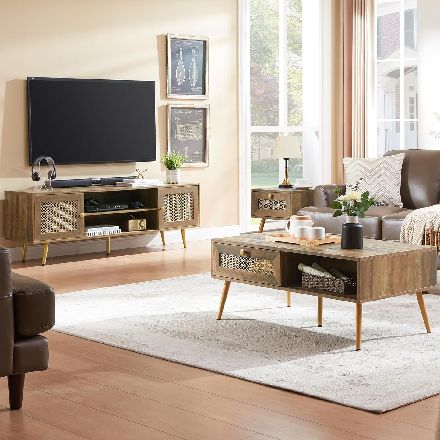 Mid Century Modern TV Stand with Metal Mesh Doors and Open Shelf for Tvs up to 65" Boho Media Console Entertainment Center with Cable Holes for Living Room Rustic Oak 59.06"x15.55"x20.87"