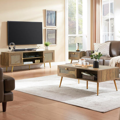 Mid Century Modern TV Stand with Metal Mesh Doors and Open Shelf for Tvs up to 65" Boho Media Console Entertainment Center with Cable Holes for Living Room Rustic Oak 59.06"x15.55"x20.87"