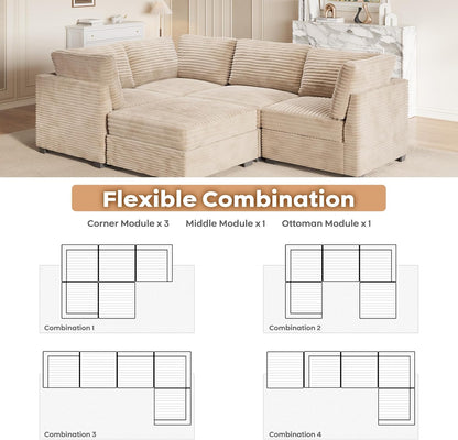 ovios Sectional Sofa Couch with L-Shape Chaise Sofa Bed, Comfy Modular Cloud Couches with Deep Seat, Modern Upholstered Plush Corduroy Sofas Set for Living Room, 5-Seater, Beige