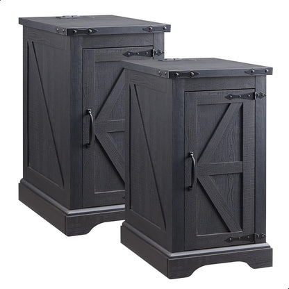 JXQTLINGMU Farmhouse Nightstand Set of 2 with Charging Station, 17" D Rectangular End Table with Barn Door & Adjustable Storage Shelf, Wood Rustic Sofa Side Table for Living Room, Bedroom, Black