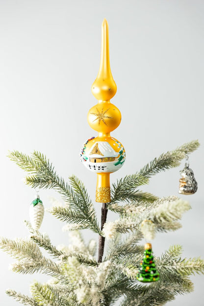 Christmas Tree Topper Spitz Glass Mouth Blown Hand-Decorated Embellishments (Gold, 12 inch)