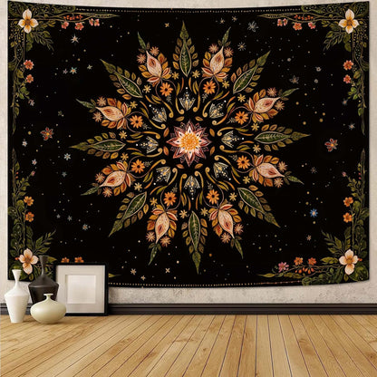 Fowocu Boho Floral Mandala Tapestry for Bedroom Aesthetic Vintage Bohemian Flower Wall Tapestry Black Green Hippie Indian Small Tapestries Wall Hanging for Living Room Dorm Decor 40 x 30 Inch