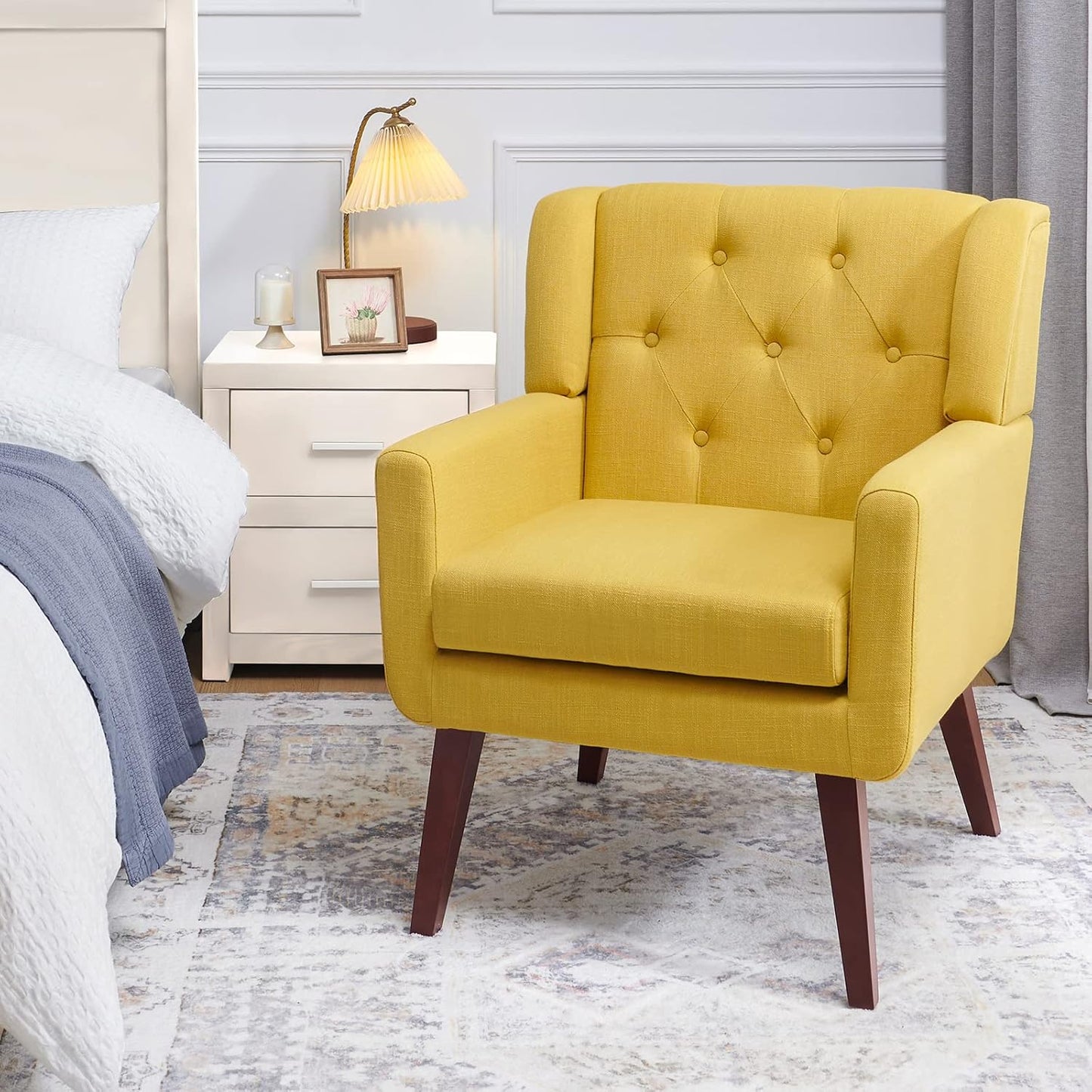 Accent Chair Button-Tufted Upholstered Living Room Chairs Comfy Reading Chair Mid Century Modern Chair with Linen Fabric Lounge Arm Chairs for Living Room Bedroom (Yellow Set of 2)