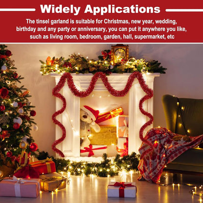 25 Feet Metallic Twist Tinsel Garland - Wall Hanging Backdrop for Parade Floats, Christmas Eve, New Year, Valentine's Day Parties (Red, 4in x 25ft)