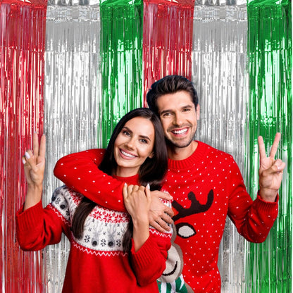 BRAVESHINE 2 Pack Fringe Backdrop Red Silver Green Christmas Party Decorations 3.2 x 6.6 ft Tinsel Foil Curtain Party Streamer Metallic Photo Backdrop for Christmas, New Year Decor