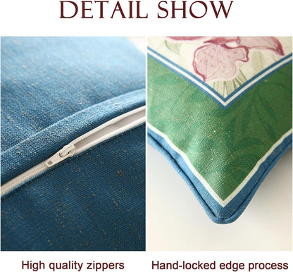 patdrea Designer Throw Pillow Covers Set of 4,French Elegant Green Linen with Iris Floral Collection Pattern Pillow Covers,Decorative Lumbar Square Round Pillowcases Cushion for Bed Living Room