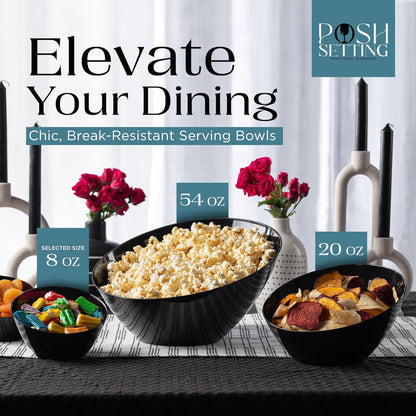 Posh Setting Black Plastic Serving Bowls Disposable - Angled Bowls - Angled Candy Bowl - Plastic Snacks & Chip Bowls for Parties - Black, Gold & Clear, White Serving Dishes, 8 OZ, 5 Pack