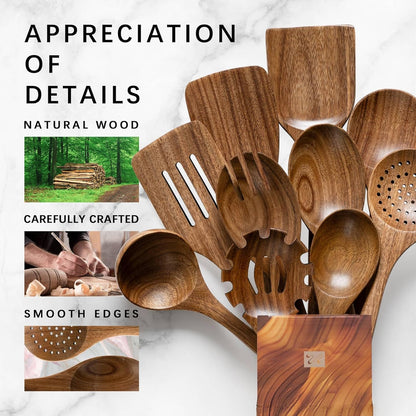 Wooden Spoons for Cooking, Nonstick Cooking Utensil Set with 10 Piece Acacia Wooden Spatulas and Spoons for Cooking, Terrific for Everyday Kitchen Tasks