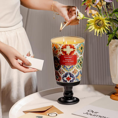 HomeLights 3-Wick Candles for Home Scented - 34oz Soy Wax Blend Candle Long-Lasting Fragrance, Bohemian Natural Textures Home Decor and Housewarming Gifts, Fresh Cut Roses