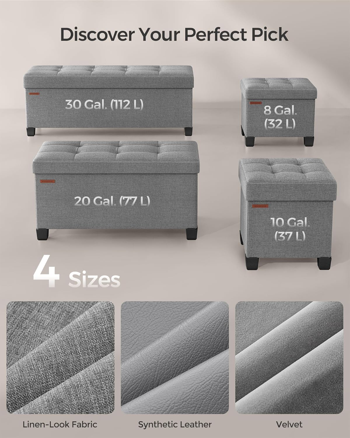 SONGMICS Storage Ottoman, Small Ottoman Foot Rest with Legs, 12.6 x 15.8 x 13.2 Inches Foot Stool, Load up to 660 lb, for Living Room, Bedroom, Dorm, Dove Gray ULSF012G02